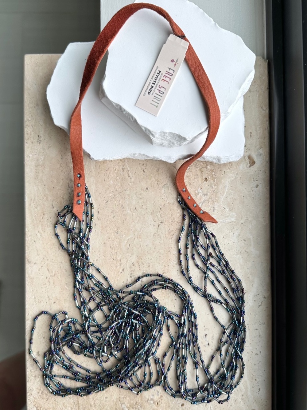 NWT Peyote Bird Free Spirit Multi-Strand Liquid Silver & Peacock Suede Necklace - Picture 2 of 8